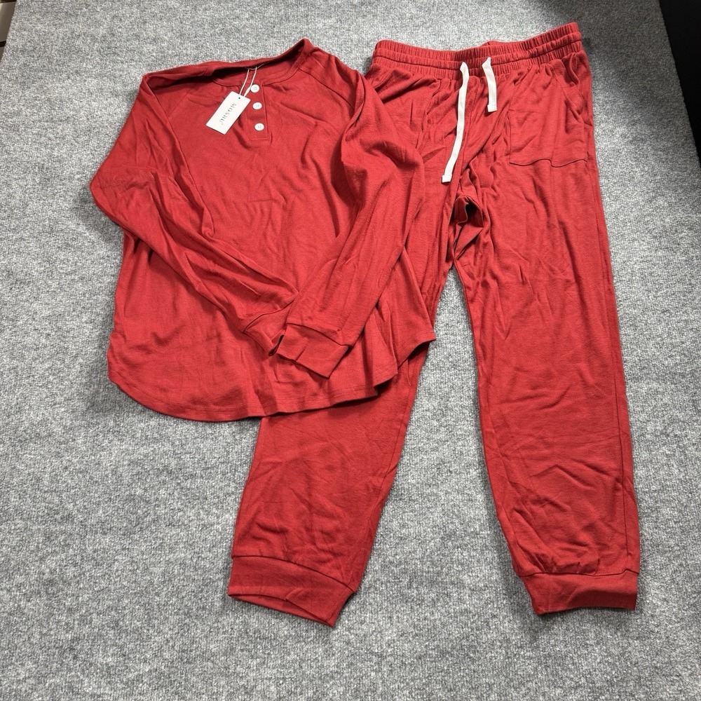 MOSHU Women Dark Red 2-Piece Pajama Set Long Sleeve Henley Top Joggers NWT
